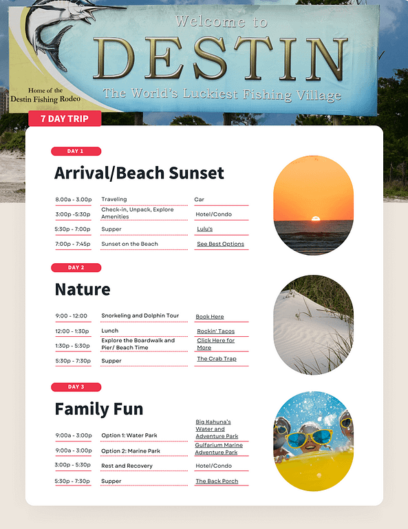 An image if true southern accent's 7 day  Destin trip planner