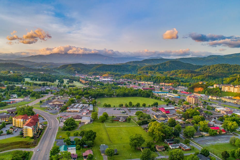 drone view of pigeon forge, tn